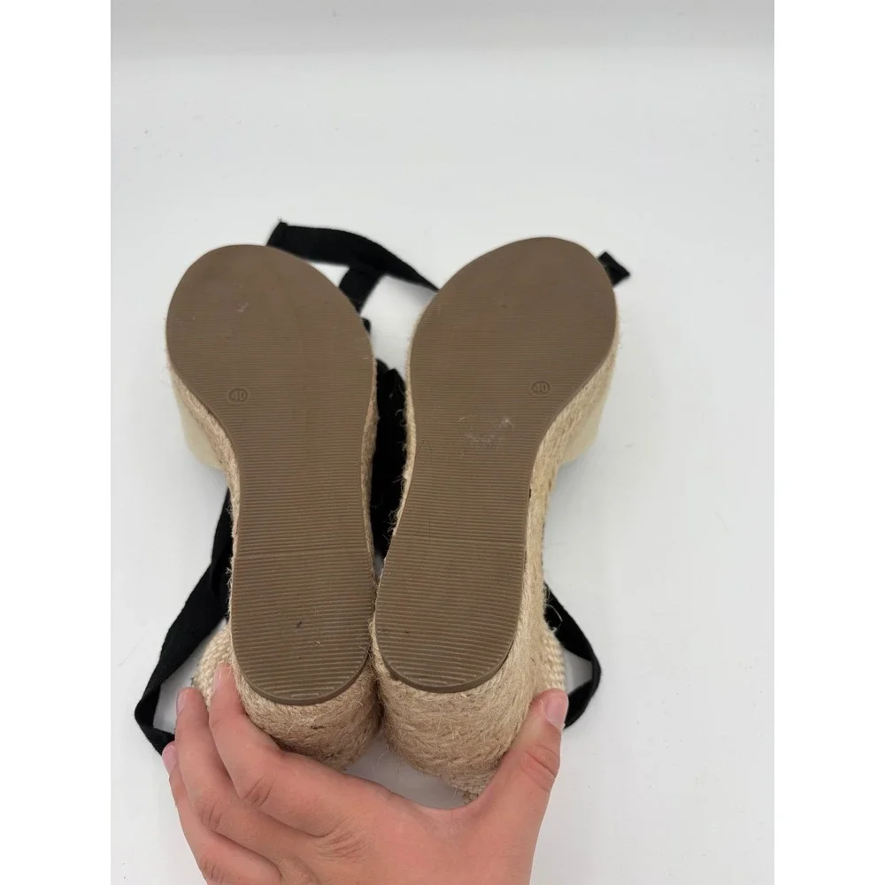 Corina Womens Espadrille Wedge Sandals Beige Black Ribbon Ankle Tie Size 40